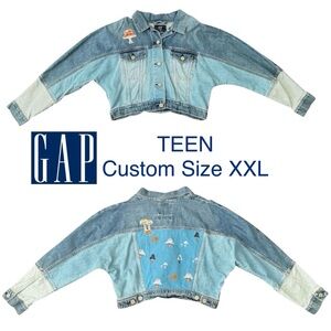 GAP Jean Jacket Teen Dolman Cropped  Retro 70s Groovy Funky Mushroom motif